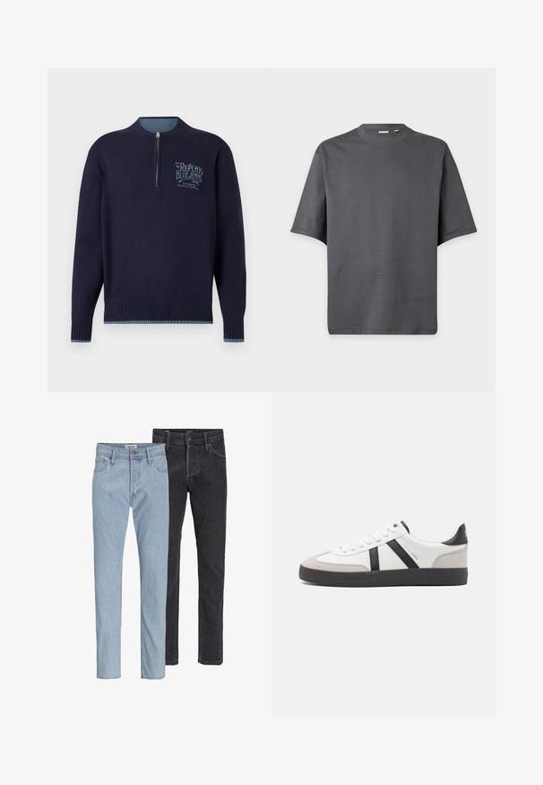 Sudadera de manga larga azul marino con cremallera de cuarto, puños y dobladillo acanalados, y logotipo azul claro "Replay Blue Jeans" en el lado izquierdo del pecho.; Camiseta de color gris oscuro, manga corta, cuello redondo, con diseño sencillo y textura de tela suave.; Dos pares de vaqueros clásicos de pierna recta, uno azul claro y otro negro, mostrados uno al lado del otro sobre un fondo blanco.; Zapatilla blanca con acentos en negro y gris, que presenta una puntera texturizada en gris, suela de goma negra y cordones planos blancos. Diseño limpio, estilo minimalista.