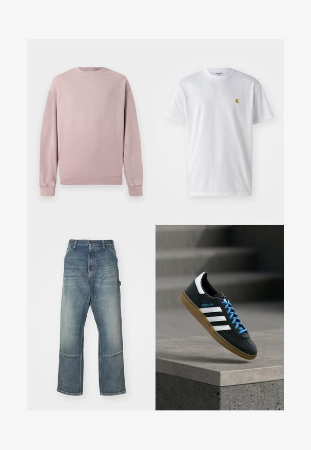 Sweatshirt rose clair avec un col rond classique, des poignets et un ourlet côtelés. Fabriqué dans un matériau doux et texturé. Design simple sans motifs.; T-shirt en coton blanc à manches courtes, col rond, avec un petit logo doré sur la poitrine gauche. Texture douce et coupe régulière.; Jean bleu clair à la coupe décontractée, fabriqué en denim. Comprend des jambes larges, de grandes poches avant et des détails de surpiqûres en contraste.; Baskets Adidas noires avec des rayures blanches, des lacets bleus et une semelle en gomme flottant au-dessus d'une marche en béton grise sous une lumière douce.