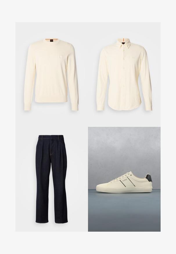 Pull crème avec un col rond, des manches longues et un petit logo carré sur la poitrine. Fabriqué en tissu doux et de qualité supérieure.; Chemise à manches longues, boutonnée, en coton beige clair ; dotée d'un col classique et d'un petit logo sur le côté supérieur gauche de la poitrine.; Jean en denim large à jambes bleues foncées avec des plis devant et des coutures orange, présenté sur fond blanc.; Baskets de couleur crème avec une texture lisse, dotées d'accents et de marquage noirs. Design classique à lacets avec un bout rond et une semelle en caoutchouc.