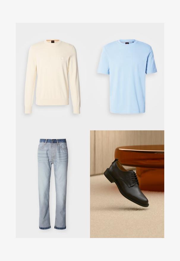 Pull crème avec un col rond, des manches longues et un petit logo carré sur la poitrine. Fabriqué en tissu doux et de qualité supérieure.; T-shirt bleu clair à manches courtes et col rond avec un logo discret embossé centré sur la poitrine et une étiquette noire à l'intérieur du col.; Jean denim bleu clair avec une ceinture bleu foncé, coupe droite, cinq poches et détails de couture visibles.; Chaussure habillée pour homme en cuir noir à lacets flottant au-dessus d'un tapis beige, avec une table basse ronde marron en arrière-plan.