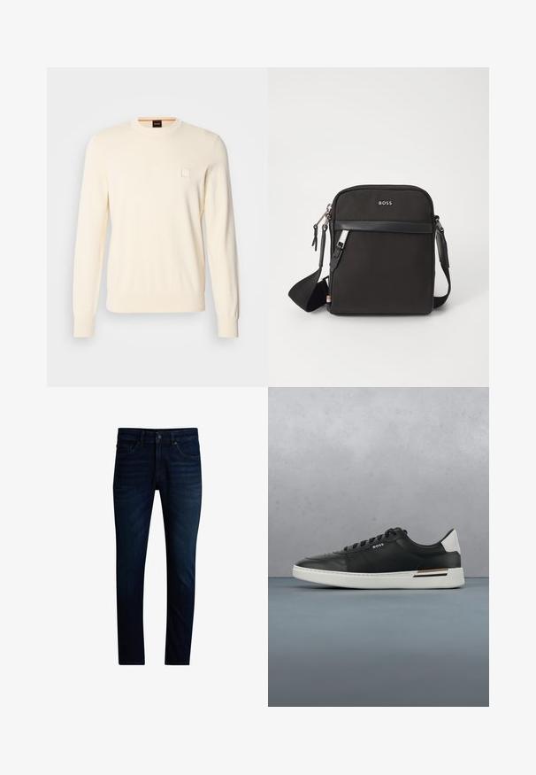 Crème-kleurige trui met een ronde hals, lange mouwen en een klein vierkant logo op de borst. Gemaakt van zachte, premium stof.; Donkerblauwe slimfit jeans met een knoop- en ritsluiting aan de voorkant, vijfzakkenmodel en lichte vervaging op de dijen.; Zwarte leren sneaker met witte zool, voorzien van perforaties, vetersluiting, logo aan de zijkant en contrasterend hieldetail in wit en bruin.; Zwarte schoudertas van textuurstof, met logo aan de voorkant, ritssluiting en verstelbare schouderband. Voorzien van een gladde leren rand.