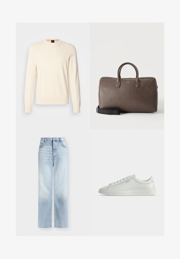 Crème-kleurige trui met een ronde hals, lange mouwen en een klein vierkant logo op de borst. Gemaakt van zachte, premium stof.; Lichtblauwe, hoog getailleerde, rechte jeans met voorzakken, riemlussen en een knoopsluiting.; Witte lage leren sneaker met veters, platte zool en klein gouden "BOSS" logo aan de zijkant, gezien vanaf de buitenkant.; Bruine leren duffeltas met twee handvatten, een zwarte verstelbare schouderriem en een klein "BOSS" logo middenvoor.