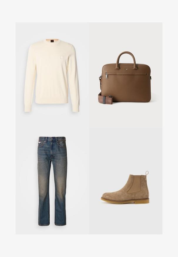 Pull crème avec un col rond, des manches longues et un petit logo carré sur la poitrine. Fabriqué en tissu doux et de qualité supérieure.; Jean taille haute bleu en denim, avec une coupe droite, des patchs décolorés et usés, et un style traditionnel à cinq poches.; Bottine Chelsea en daim marron clair avec panneaux latéraux élastiques, languette de tirage au talon et semelle en caoutchouc.; Mallette en cuir marron avec poignées supérieures, poche avant zippée et bandoulière assortie amovible sur fond blanc.