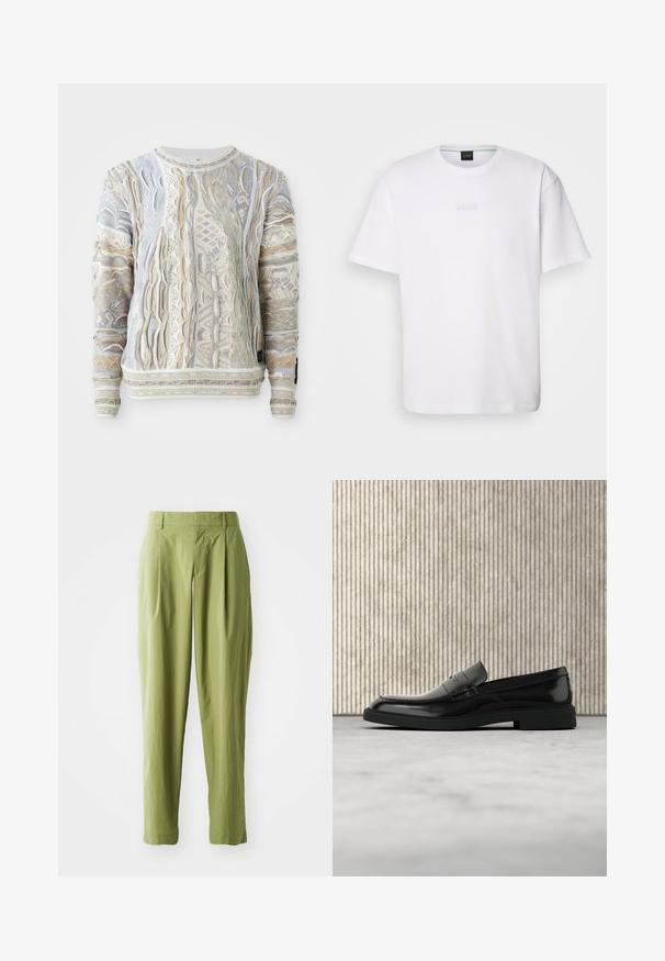 Sweater med komplekse strikkede mønstre i beige, hvid og lyseblå. Struktureret finish med ribbede manchetter og kant, design med rund hals.; Hvid bomulds T-shirt med korte ærmer, rund halsudskæring og præget "BOSS" logo på brystet. Glat tekstur, standard pasform.; Lys grønne bukser lavet af et struktureret stof, med en lige form, folder foran og en standard talje.; Sort poleret læderloafer flydende over beige tæppe med orange gennemsigtigt møbel i baggrunden.