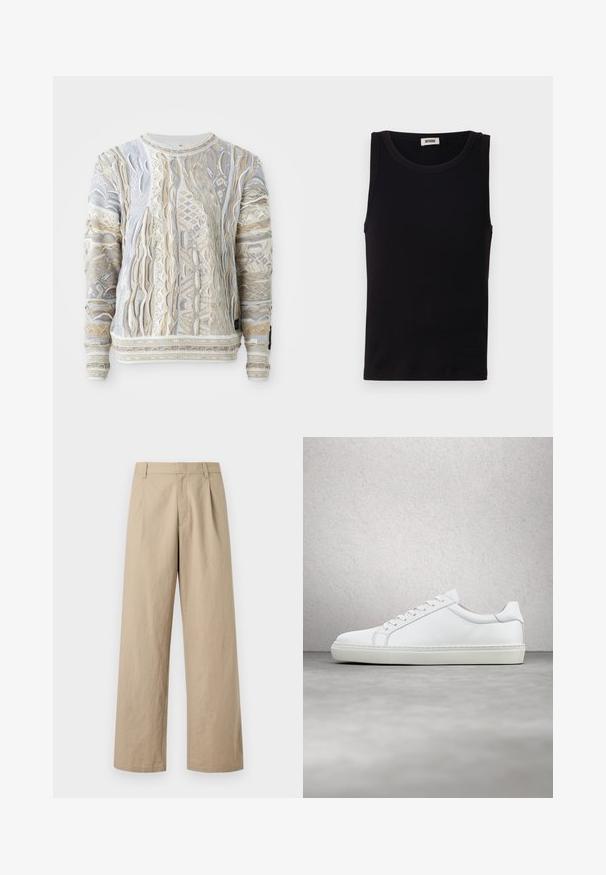 Sweater med komplekse strikkede mønstre i beige, hvid og lyseblå. Struktureret finish med ribbede manchetter og kant, design med rund hals.; Sort sansædet tanktop lavet af blød bomuld. Har en rund halsudskæring og lige pasform, med minimal syningdetalje.; Beige vidde bukser med bæltestropper, frontlynlås og plisseringer, vist på hvid baggrund.; Hvide sneakers med en glat læderoverdel og lav profil. Har en rund tå, seks snørehuller og en tekstureret gummisål.