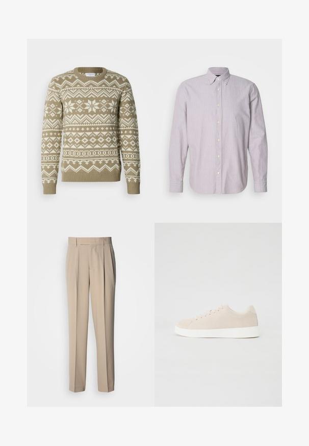 Pull en tricot de couleur beige sable avec des motifs géométriques et floraux blancs. Il présente un col rond ainsi que des poignets et un ourlet côtelés.; Chemise à manches longues en coton, rayée violet clair et blanc, avec un col boutonné, des boutons jaunes et des fentes sur les côtés.; Pantalon beige taille haute à plis, coupe droite, avec une texture lisse et sans ornements ni motifs visibles.; Baskets en daim beige avec semelles en caoutchouc blanc, bout rond et six œillets pour les lacets. Texture lisse avec un design minimaliste.
