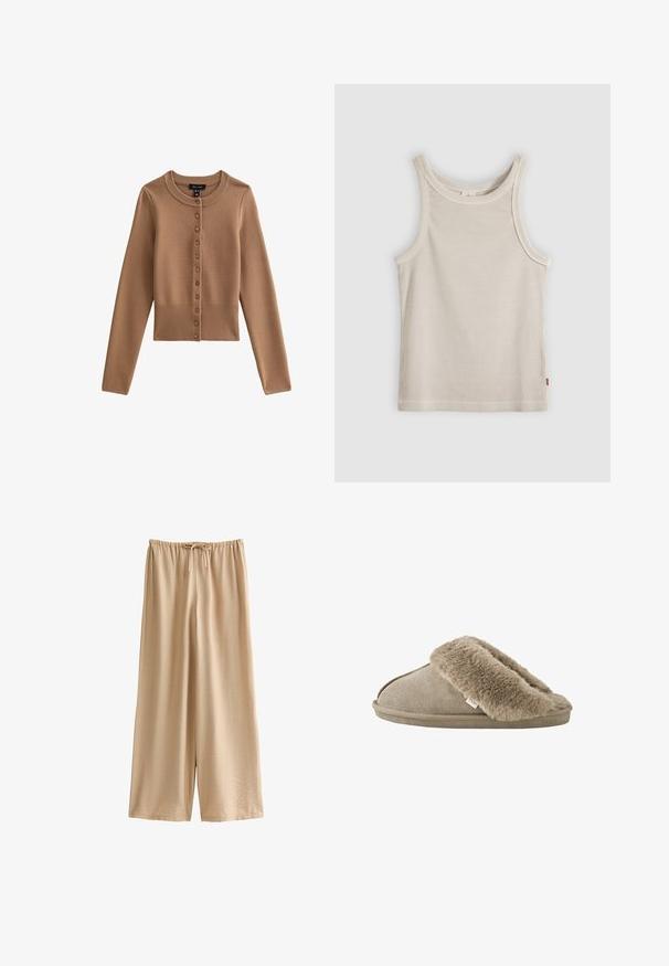 Cárdigan cortado de manga larga en un color marrón claro con un cuello redondo y siete botones en el frente. Detalle de dobladillo acanalado.; Camiseta sin mangas beige acanalada con escote redondo y ajuste entallado, mostrada sobre un fondo gris.; Pantalones de pierna ancha de color nude, hechos de una tela suave y ligera, con una cintura elástica con cordón y un ajuste holgado.; Zapatilla beige sin talón con forro interior de suave piel sintética alrededor de la abertura y suela exterior con apariencia de ante.