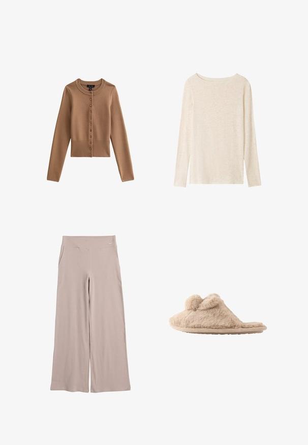 Cárdigan cortado de manga larga en un color marrón claro con un cuello redondo y siete botones en el frente. Detalle de dobladillo acanalado.; Top de punto beige claro de manga larga con escote barco y una textura jaspeada sutil.; Pantalones de pierna ancha en tejido beige claro con una textura suave. Presenta una cintura alta y bolsillos laterales para mayor funcionalidad.; Zapatilla beige y peluda que se pone deslizando, con dos pompones en la parte superior y suela plana, diseñada para uso en interiores.