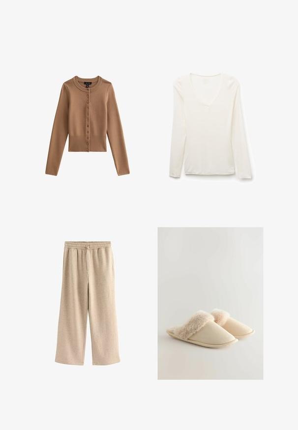 Cárdigan cortado de manga larga en un color marrón claro con un cuello redondo y siete botones en el frente. Detalle de dobladillo acanalado.; Camiseta blanca de manga larga con cuello en V, ajuste slim, colocada plana sobre un fondo blanco.; Pantalones de pierna ancha beige fabricados con una tela suave, con una cinturilla elástica y cordones, y una sutil textura moteada en toda su superficie.; Zapatillas beige con un suave borde de piel de pelo, diseño de punta redondeada y tejido texturizado. La suela es plana y flexible.