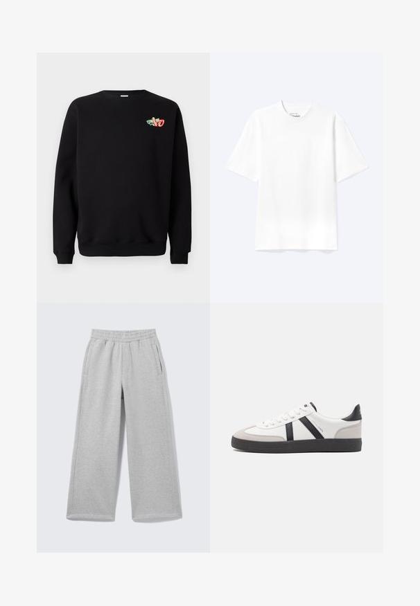Sweatshirt noir en tissu doux, avec un col rond, des poignets côtelés et un petit motif brodé coloré sur la poitrine.; T-shirt blanc uni à manches courtes et col rond avec une coupe décontractée, présenté sur un fond clair.; Pantalon de survêtement gris clair à jambes larges avec taille élastique et poches latérales, présenté sur un fond uni.; Baskets blanches avec des accents noirs et gris, présentant un embout texturé gris, une semelle en caoutchouc noir et des lacets plats blancs. Design épuré, style minimaliste.