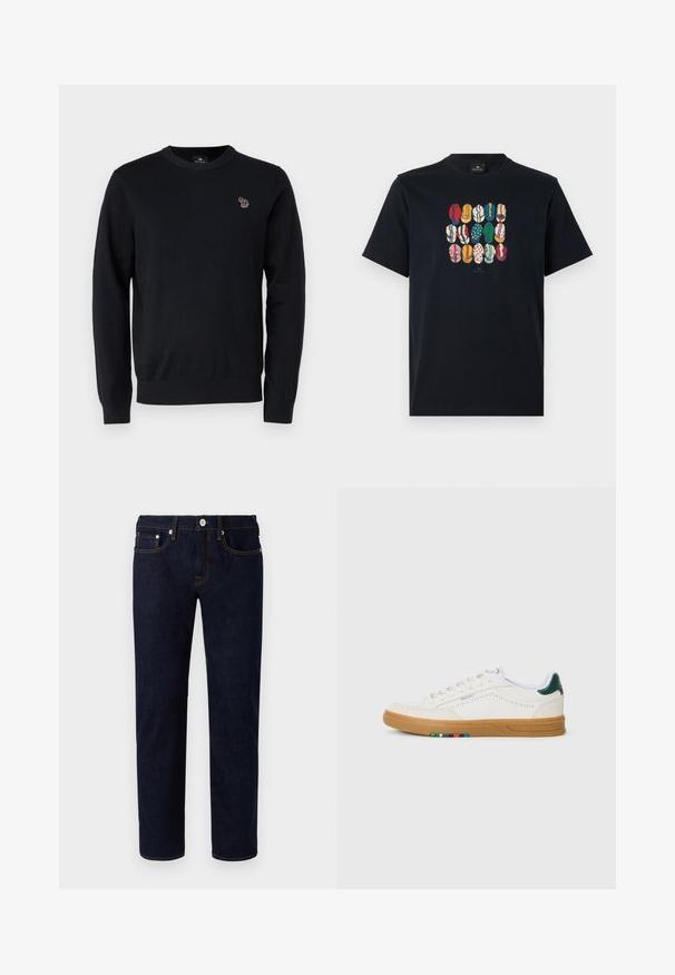 PS Paul Smith CREW NECK - Džemper - black; Must musta t-särk, mille esiküljel on erksad graafikad erinevatest huulest erinevates mustrites ja värvustes. Ümar kaelus, lühikesed käised.; Tumedat sinine denimid, sirge jala disainiga, millel on oranž õmblus, viis taskut ja eessuunaline nööpide kinnitamine.; Valge nahkne tennisekeng, millel on perforatsioonimuster, kummist põhi, roheline kand ja värviline triibuline detail külgedel.