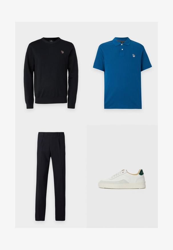 PS Paul Smith CREW NECK - Džemper - black; Sinine puuvillane poloteesärk, millel on kraega kaelus ja kaks nööpi. Vasakul rinnal on väike tikitud muster.; Mustad püksid tekstuurse viimistlusega, sirge lõike, vööaasade ja triikimiskokkudega ees. Taskud pole nähtavad.; Valged tennisjalanõud, millel on sametised aktsendid, ümar varvas, lame nöörid ja kreemjas kummine põhja. Hästi nähtav roheline bränding kannal.