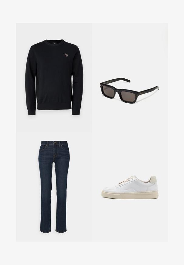 PS Paul Smith CREW NECK - Striktrøje - black; Mørkeblå denim jeans med lige ben, fem lommer, guldtråd og knaplukning.; Hvide sneakers med en glat læderoverdel, beige snørebånd og en tekstureret beige ruskindsheel-tab. Hævet sål for ekstra højde.; Sorte rektangulære solbriller med mørke glas, tyk plastisk ramme, guldtryk på stængerne og brandlogo indgraveret på armen.
