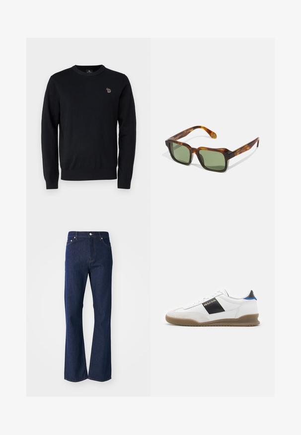 PS Paul Smith CREW NECK - Striktrøje - black; Flarvede mørkeblå jeans lavet af denim. Har fem lommer, en front lynlås og en metalknaplukning. Klassiske syninger som detaljer.; Hvid sneakers med sorte og blå detaljer, overdel i ruskind og læder, rund tå, flad gummisål og guld brandingdetalje på siden.; Firkantede solbriller med en skildpaddefarvet stel, grønne linser og tykke arme. Har skarpe hjørner og en blank overflade. Justerbar pasform.