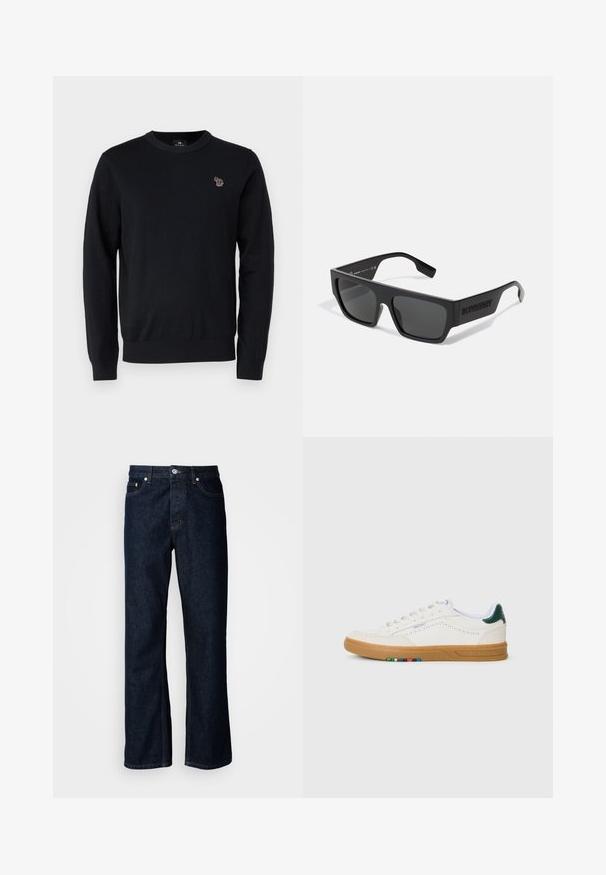 PS Paul Smith CREW NECK - Trui - black; Donkerblauwe denim jeans met een rechte pijp, voorzien van een vijfzakkenontwerp, knoopsluiting en oranje stikdetails.; Witte leren sneaker met geperforeerd ontwerp, gumrubberen zool, groene hielaccent en kleurrijke streepdetails aan de zijkant.; Zwarte zonnebril met een rechthoekige vorm, matte afwerking en grijze lenzen. Voorzien van een reliëflogo op de pootjes. Klassiek ontwerp.
