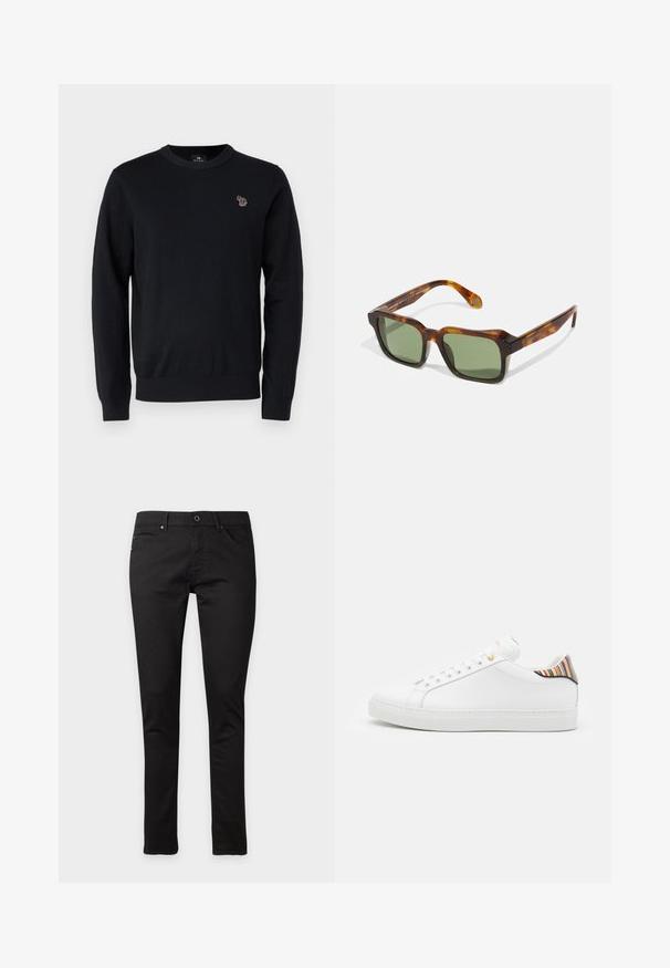 PS Paul Smith CREW NECK - Trui - black; Zwarte slim fit jeans met knoop- en ritssluiting, voor- en achterzakken, plat liggend op een witte achtergrond.; Witte leren sneaker met een gladde afwerking, voorzien van een kleurrijke gestreepte accent op de hiel, gouden oogjes en een vlakke witte zool.; Vierkante zonnebril met een schildpadprint montuur, groene lenzen en dikke pootjes. Kenmerkt zich door scherpe hoeken en een glanzende textuur. Verstelbare pasvorm.
