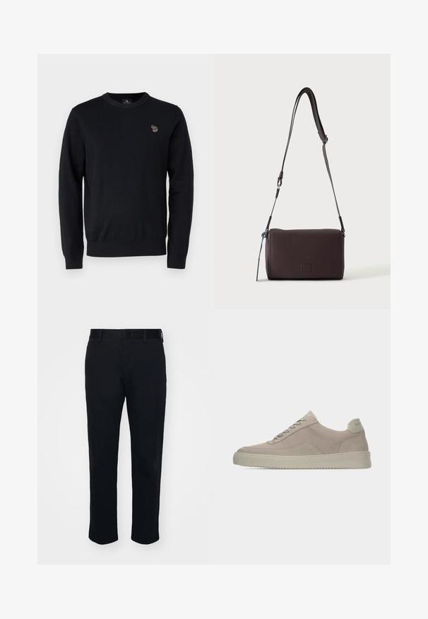 PS Paul Smith CREW NECK - Trui - black; Zwarte broek met een rechte pijpdesign, gemaakt van een gladde stof. Bevat een tailleband en riemlussen, zonder zichtbare zakken of patronen.; Beige suède sneakers met een gestructureerde afwerking, ronde neus en tonale veters. Voorzien van een dikke rubberen zool en subtiele branding op de hiel.; Donkerbruine gestructureerde leren crossbodytas met verstelbare riem en klein decoratief blauw accent aan de zijkant.