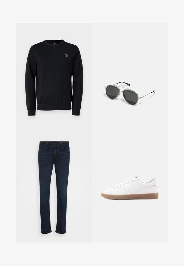 PS Paul Smith CREW NECK - Strickpullover - black; Dunkelblaue Jeans mit geradem Bein, ausgestattet mit einem klassischen Fünf-Taschen-Design, einem Metallknopf und Gürtelschlaufen an der Taille.; Weißer Sneaker in niedriger Ausführung mit Gummisohle, gesteppten Overlays und Schnürverschluss auf neutralem Hintergrund.; Ein Paar metallic-silberner Piloten-Sonnenbrillen mit dunkelgrünen Gläsern, ausgestattet mit dünnen Bügeln mit Schildpatt-Akzenten und einer runden Form.