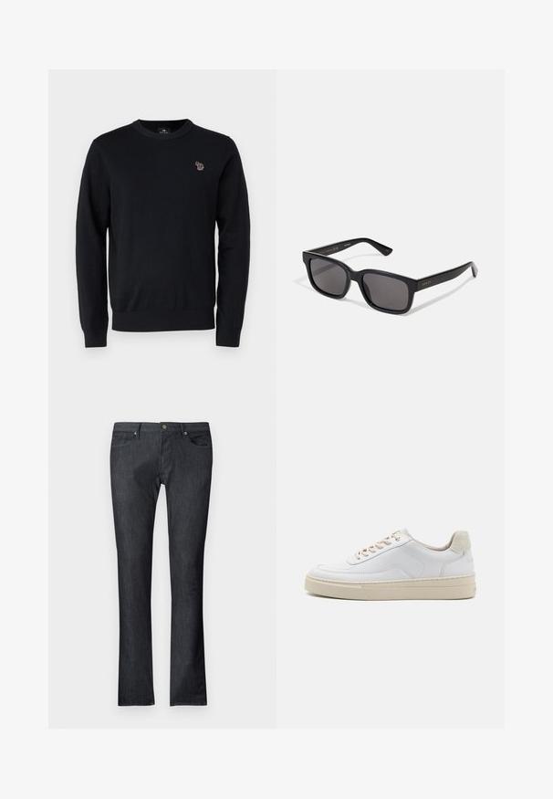 PS Paul Smith CREW NECK - Trui - black; Donkere spijkerbroek met rechte pijpen, voorzien van voor- en achterzakken, een metalen knoopsluiting en subtiele stiksel details.; Witte sneaker met een gevoerd leren bovenwerk, beige veters en een gestructureerde beige suede hieltab. Verhoogde zool voor extra hoogte.; Zwarte rechthoekige zonnebril met donkere lenzen. Matte afwerking, gouden branding op de tempeleind en rechte, taps toelopende armen.