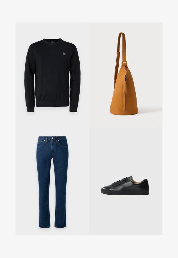 PS Paul Smith CREW NECK - Jersey de punto - black; Vaqueros de denim azul oscuro con un diseño de pierna recta ajustada, estilo clásico de cinco bolsillos y cierre de botón en la cintura.; Zapatilla negra de cuero con una textura suave, puntera redonda y cierre de cordones. Presenta una suela de goma gruesa y un detalle de marca mínimo.; Bolso bandolera de piel color canela con correa ajustable y bolsillo vertical con cremallera, mostrado de lado sobre un fondo claro y liso.