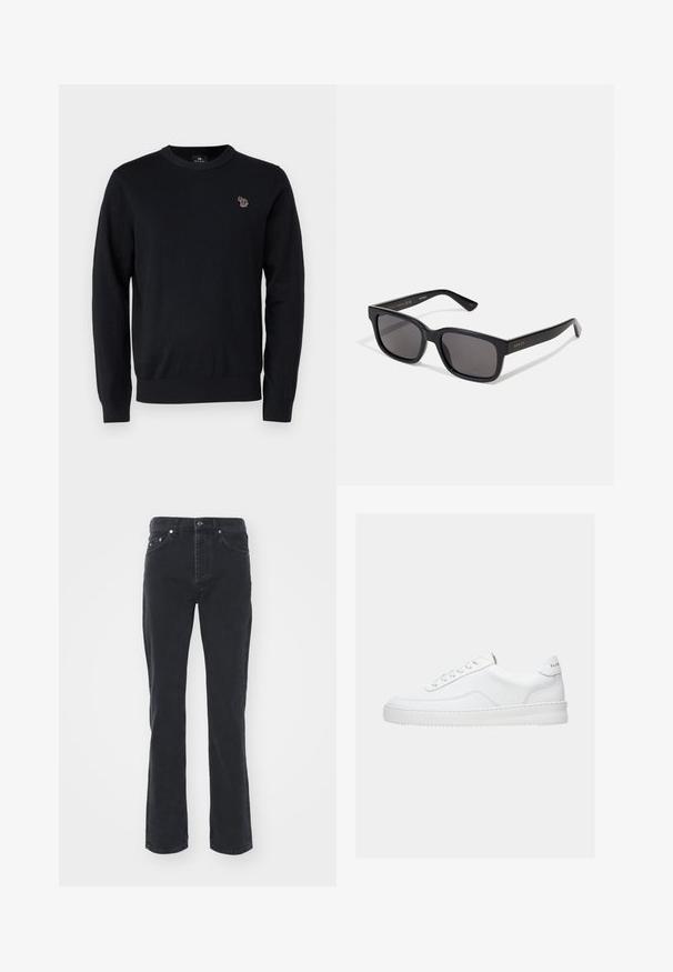 PS Paul Smith CREW NECK - Trui - black; Zwarte denim jeans met een rechte pijpdesign, voorzien van vijf zakken en een knoopsluiting. De stof heeft een subtiele textuur en stevige afwerking.; Witte lage sneaker met vetersluiting, glad leren bovenwerk en dikke zool, gezien vanuit de zijkant tegen een effen achtergrond.; Zwarte rechthoekige zonnebril met donkere lenzen. Matte afwerking, gouden branding op de tempeleind en rechte, taps toelopende armen.