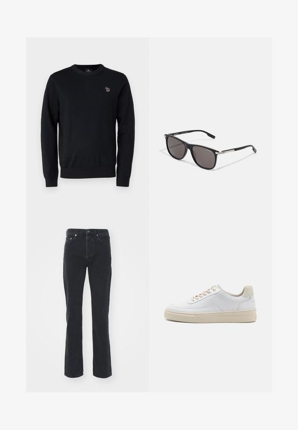 PS Paul Smith CREW NECK - Džemper - black; Mustad denimist valmistatud sirge säärega teksad, mis sisaldavad viit taskut ja nööbiga kinnitust. Kude on õrnalt tekstuuritud ja vastupidav.; Valged tennisajalatsid, millel on sile naha pealis, beežid paelad ja tekstureeritud beežist seemisnahast kand. Tõstetud tallad lisatud kõrguse saavutamiseks.; Mustad prillid tumedate läätsedega, mati plastmassraam, hõbedased metallaktsendid templitel ja ristkülikukujuline kuju.