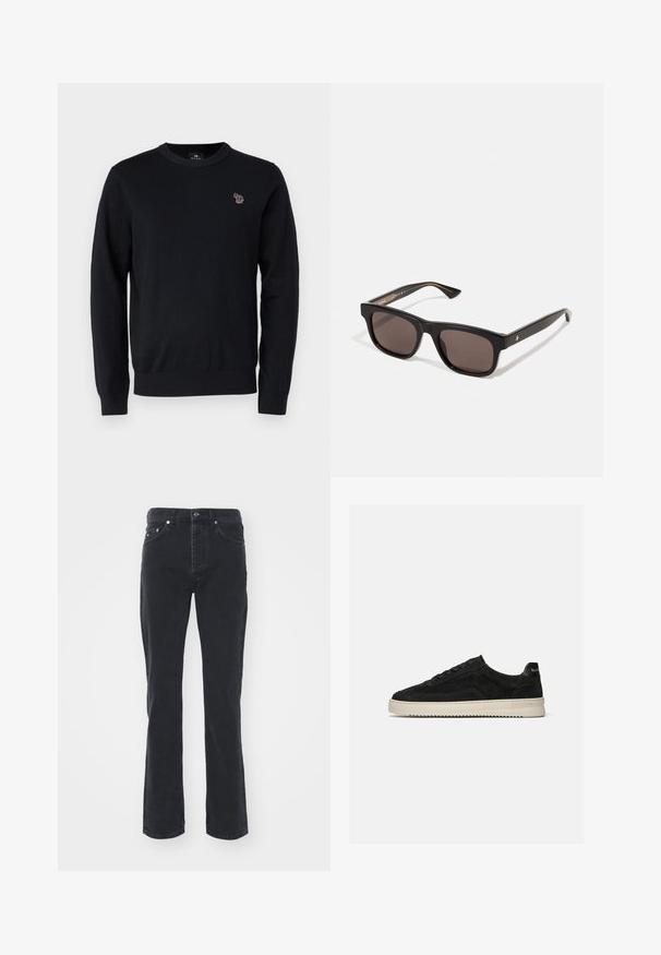 PS Paul Smith CREW NECK - Džemper - black; Mustad denimist valmistatud sirge säärega teksad, mis sisaldavad viit taskut ja nööbiga kinnitust. Kude on õrnalt tekstuuritud ja vastupidav.; Mustast seemisest madala lõuaga toss, mustade paelte ja valge kummist tallaga, külgvaade ühevärvilisel heledal hallil taustal.; Mustad mustad päikeseprillid tumedate objektiividega. Plastist raami sile tekstuur ja peen brändimisdetail sisemisel templil.