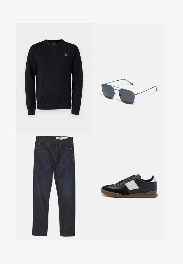 PS Paul Smith CREW NECK - Trui - black; rag & bone FIT AUTHENTIC - Straight leg jeans - astor; Zwarte leren en suède sneakers met een grijze paneel, een bruine rubberen zool en een blauwe accent op de hiel. Voorzien van veters en een reliëflogo.; Metalen montuur zonnebril met grote donkere lenzen. Vierkante vorm met een dunne, gepolijste afwerking en blauwaccenten op de pootjes. Lichtgewicht ontwerp.