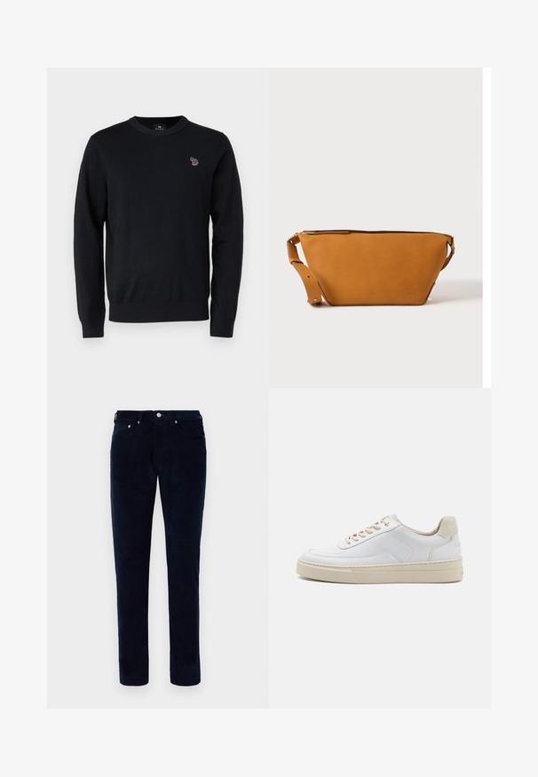 PS Paul Smith CREW NECK - Trui - black; Heren slim-fit donkerblauwe corduroy broek met voor- en achterzakken, riemlussen en een knoopsluiting.; Witte sneaker met een gevoerd leren bovenwerk, beige veters en een gestructureerde beige suede hieltab. Verhoogde zool voor extra hoogte.; Lichtbruine leren crossbodytas met verstelbare band en ritssluiting, getoond tegen een effen lichte achtergrond.