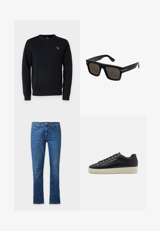 PS Paul Smith CREW NECK - Trui - black; Rechte blauwe denim jeans met knoop aan de voorkant, ritssluiting en ontwerp met vijf zakken, frontaal getoond op een effen achtergrond.; Zwarte leren sneaker met een gladde afwerking, contrasterende crèmekleurige zool, ronde neus, gouden logo aan de zijkant en zes gaatjes voor veters.; Zwarte vierkante zonnebril met donkere lenzen, featuring gouden accenten op de armen en een gladde kunststof textuur.