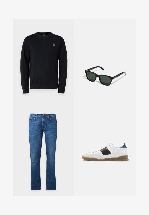 PS Paul Smith CREW NECK - Neule - black; Suorat istuvaiset siniset farkut, joissa edessä nappi, vetoketju ja viiden taskun muotoilu, esitetty edestä yksivärisellä taustalla.; Valkoinen lenkkari, jossa mustia ja sinisiä yksityiskohtia, lampaannahkaa ja nahkaa yläosa, pyöreä kärki, litteä kumipohja ja kultainen brändäysyksityiskohta sivulla.; Silmakkoh-Yrityksille aurinkolasit, joissa on vihreät linssit ja suorakulmaiset kehykset. Kehyksissä on kullanvärinen logo sivuissa. Mattapintainen rakenne ja kestävä muotoilu.