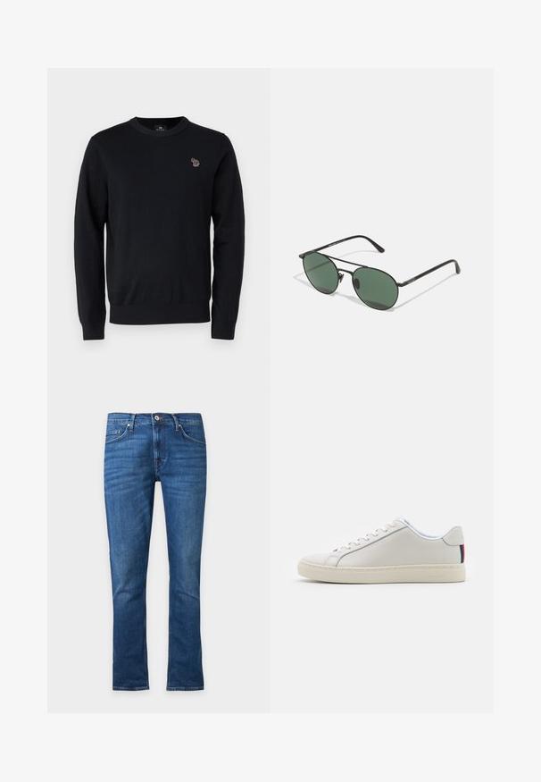 PS Paul Smith CREW NECK - Jersey de punto - black; Vaqueros de denim azul de corte recto con botón delantero, cierre de cremallera y diseño de cinco bolsillos, mostrados de frente sobre un fondo liso.; Zapatilla de cuero blanca con una textura suave, punta redonda, suela plana y cordones tonalizados. Presenta un acento de rayas coloridas en el talón.; Gafas de sol de metal negro con lentes verdes, forma ovalada, montura delgada y acentos laterales. Diseño ligero adecuado para el uso diario.