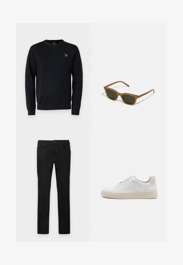 PS Paul Smith CREW NECK - Jersey de punto - black; Pantalones negros de pierna recta con botón y cremallera frontales, trabillas para cinturón y diseño de cinco bolsillos sobre fondo blanco.; Zapatilla blanca con parte superior de cuero suave, cordones beige y un tirador de talón de ante beige texturizado. Suela elevada para mayor altura.; Gafas de sol de acetato marrón con lentes verde oscuro, forma rectangular y detalles dorados en las varillas. Textura suave, diseño minimalista.