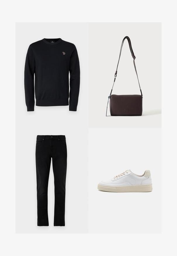 PS Paul Smith CREW NECK - Trui - black; Zwarte denim jeans met een rechte pijp, vijfzakkenstijl en een standaard tailleband, met subtiele stikseldetails.; Witte sneaker met een gevoerd leren bovenwerk, beige veters en een gestructureerde beige suede hieltab. Verhoogde zool voor extra hoogte.; Donkerbruine gestructureerde leren crossbodytas met verstelbare riem en klein decoratief blauw accent aan de zijkant.