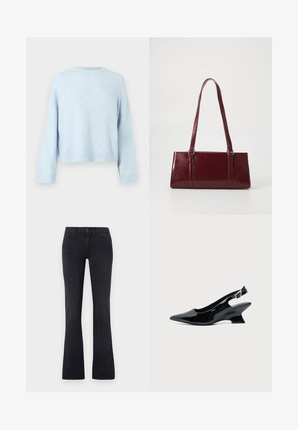 Pull ample bleu clair avec un col rond et des manches longues. Texture douce, poignets et ourlet côtelés, coupe courte.; Jean en denim noir avec une taille haute, une fermeture bouton et zip à l'avant, cinq poches et des jambes légèrement évasées.; Chaussure slingback en cuir verni noir avec bout pointu et petit talon bloc incliné sur fond clair uni.; Sac à main bordeaux en matériau brillant, de forme rectangulaire, avec deux anses et des accents légèrement courbés à l'avant.