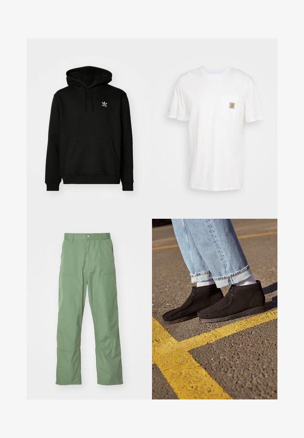 Schwarzer Kapuzenpullover aus Baumwollmix, mit einer Fronttasche, gerippten Bündchen und einem kleinen weißen Logo auf der oberen linken Brust.; Weißes Baumwoll-T-Shirt mit kurzen Ärmeln, einer Brusttasche und einem kleinen quadratischen Logopatch in Orange und Weiß auf der Tasche.; Hellgrüne, lässige Hose mit glatter Textur, ausgestattet mit Seitentaschen und sichtbaren Nähten. Vollständig lang mit geradem Bein.; Schwarze Wildleder-Ankle-Boots mit glatter Textur, abgerundetem Zeh und genähten Details. Kombiniert mit hellblauen, hochgekrempelten Jeans und weißen Socken.