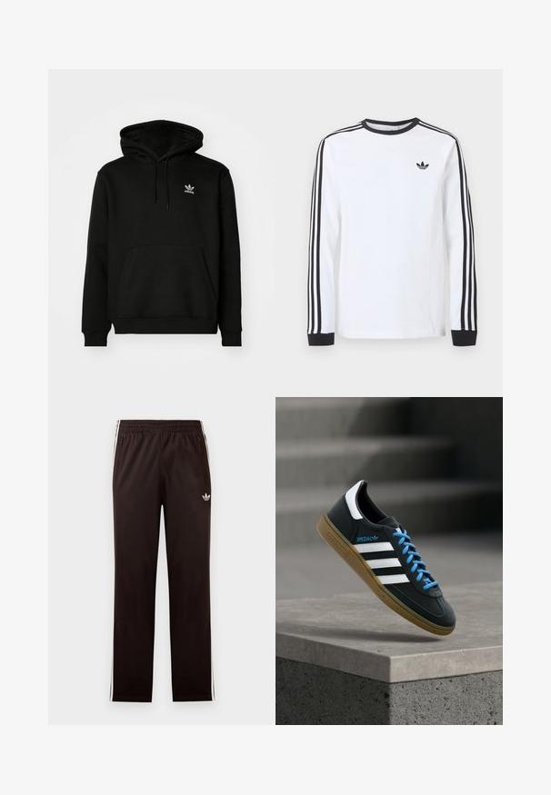 Sort hættejakke lavet af bomuldsblanding, har en frontlomme, ribbede manchetter og et lille hvidt logo på venstre bryst.; Hvid langærmet Adidas-trøje med sort rund hals, sorte manchetter, tre sorte striber ned langs ærmerne og sort trekløverlogo på brystet.; Sorte Adidas træningsbukser med elastisk taljebånd, hvide sidelommer, lynlåslommer og lille trefoil-logo på venstre lår.; Sort Adidas sneaker med hvide striber, blå snørebånd og gummisål, der svæver over gråt betontrin i blødt lys.