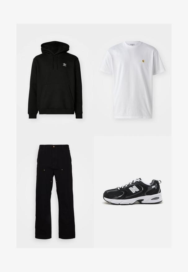 Schwarzer Kapuzenpullover aus Baumwollmix, mit einer Fronttasche, gerippten Bündchen und einem kleinen weißen Logo auf der oberen linken Brust.; Weißes Baumwoll-T-Shirt mit kurzen Ärmeln, Rundhalsausschnitt, mit einem kleinen goldenen Logo im linken Brustbereich. Weicher Stoff und normale Passform.; Schwarze Denim-Hosen mit geradem Bein, ausgestattet mit goldenen Hardware-Akzenten und sichtbaren Nähten an den Vorder- und Gesäßtaschen.; Schwarze und graue Sportschuhe mit Obermaterial aus Mesh und Wildleder, ausgestattet mit einer weißen Zwischensohle, Schnürsenkeln und einem markanten "N"-Logo an der Seite.