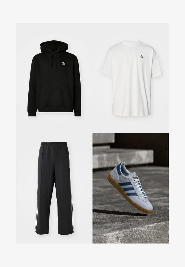 Schwarzer Kapuzenpullover aus Baumwollmix, mit einer Fronttasche, gerippten Bündchen und einem kleinen weißen Logo auf der oberen linken Brust.; Weißes Baumwoll-T-Shirt mit kurzen Ärmeln, Rundhalsausschnitt und kleinem schwarzem Adidas-Logo auf der linken Brust. Weicher Stoff, lässige Passform.; Schwarze Jogginghose mit elastischem Bund, ausgestattet mit weißen seitlichen Streifen und einem lässigen Schnitt. Hergestellt aus weichem, dehnbarem Stoff.; Hellblauer Adidas Spezial Sneaker mit dunkelblauen Streifen und Gummisohle, in der Luft über Betontreppen in neutralem Außenbereich gezeigt.