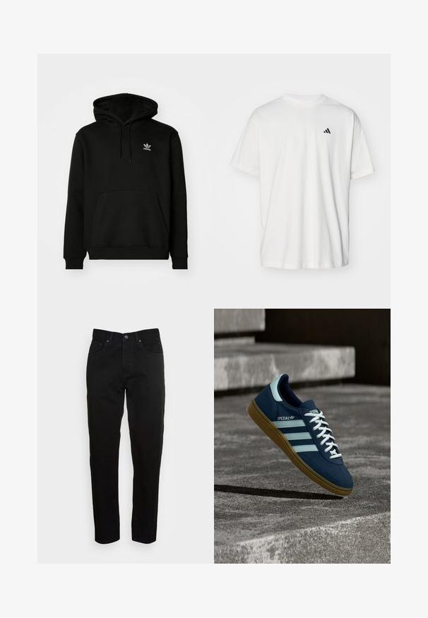 Schwarzer Kapuzenpullover aus Baumwollmix, mit einer Fronttasche, gerippten Bündchen und einem kleinen weißen Logo auf der oberen linken Brust.; Weißes Baumwoll-T-Shirt mit kurzen Ärmeln, Rundhalsausschnitt und kleinem schwarzem Adidas-Logo auf der linken Brust. Weicher Stoff, lässige Passform.; Schwarze Slim-Fit-Jeans mit vorderem Knopfverschluss und fünf Taschen-Design, vor einem schlichten hellgrauen Hintergrund präsentiert.; Blauer Adidas Spezial Sneaker mit weißen Streifen und Schnürsenkeln, Gummisohle, schwebend über rauer Betonoberfläche und Treppen im Hintergrund.