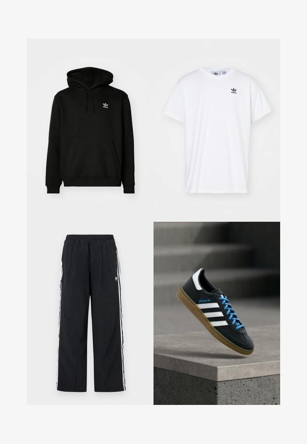Sort hættejakke lavet af bomuldsblanding, har en frontlomme, ribbede manchetter og et lille hvidt logo på venstre bryst.; Hvid bomulds T-shirt med korte ærmer, rund halsudskæring og et sort Adidas-logo med tre striber på venstre brystområde.; Sorte bukser med vide ben og hvide striber på siden, elastisk talje, forreste læg og Adidas-logo på højre lår.; Sort Adidas sneaker med hvide striber, blå snørebånd og gummisål, der svæver over gråt betontrin i blødt lys.