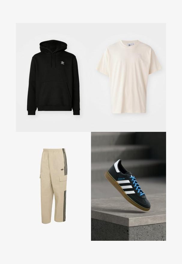 Schwarzer Kapuzenpullover aus Baumwollmix, mit einer Fronttasche, gerippten Bündchen und einem kleinen weißen Logo auf der oberen linken Brust.; Cremfarbene Baumwoll-T-Shirt mit rundem Halsauschnitt und kurzen Ärmeln; verfügt über ein kleines, helles Logo auf der Brust.; Beige Cargohose mit elastischem Bund, seitlichen Taschen und schwarzen vertikalen Streifen. Mit einem Adidas-Logo auf der Vorderseite.; Schwarzer Adidas-Sneaker mit weißen Streifen, blauen Schnürsenkeln und Gummisohle, der über einer grauen Betontreppe im weichen Licht schwebt.
