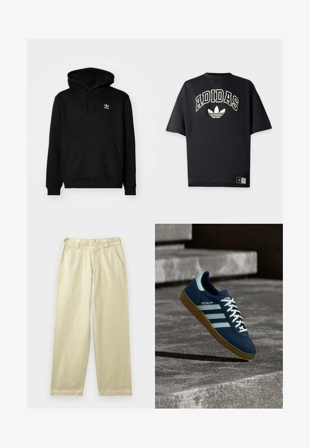 Schwarzer Kapuzenpullover aus Baumwollmix, mit einer Fronttasche, gerippten Bündchen und einem kleinen weißen Logo auf der oberen linken Brust.; Schwarzes Adidas Sportshirt mit kurzen Ärmeln aus perforiertem Stoff, weißem Adidas-Schriftzug und Trefoil-Logo auf der Vorderseite sowie Markenetikett nahe dem Saum.; Beige Baumwollhosen mit lockerem Schnitt, ausgestattet mit Seitentaschen, Gürtelschlaufen und geraden Beinen. Glatte Textur mit minimalen Nahtdetails.; Blauer Adidas Spezial Sneaker mit weißen Streifen und Schnürsenkeln, Gummisohle, schwebend über rauer Betonoberfläche und Treppen im Hintergrund.