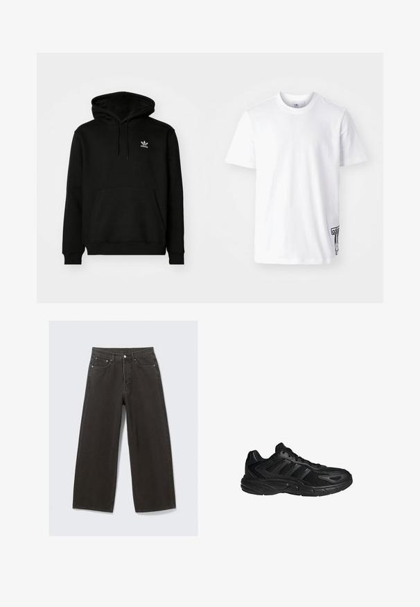 Schwarzer Kapuzenpullover aus Baumwollmix, mit einer Fronttasche, gerippten Bündchen und einem kleinen weißen Logo auf der oberen linken Brust.; Weißes Baumwoll-T-Shirt mit kurzen Ärmeln, Rundhalsausschnitt und einem schwarzen Adidas-Logo-Patch auf der unteren linken Seite. Glatte Textur.; Hochwaisted, weit geschnittene schwarze Denim-Jeans verfügen über ein Fünf-Taschen-Design und einen Knopfverschluss. Der Stoff hat eine weiche, strukturierte Oberfläche.; Schwarzer Sportschuh mit Mesh- und synthetischem Obermaterial, gepolsterter Sohle mit der Bezeichnung "Cloudfoam" und Schnürverschluss, im Seitenprofil gezeigt.