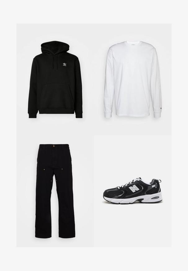 Schwarzer Kapuzenpullover aus Baumwollmix, mit einer Fronttasche, gerippten Bündchen und einem kleinen weißen Logo auf der oberen linken Brust.; Weißes Langarm-T-Shirt aus Baumwolle. Rundhals-Design mit gerippten Bündchen und kleinem Logo auf dem linken Ärmel. Glatte Textur.; Schwarze Denim-Hosen mit geradem Bein, ausgestattet mit goldenen Hardware-Akzenten und sichtbaren Nähten an den Vorder- und Gesäßtaschen.; Schwarze und graue Sportschuhe mit Obermaterial aus Mesh und Wildleder, ausgestattet mit einer weißen Zwischensohle, Schnürsenkeln und einem markanten "N"-Logo an der Seite.