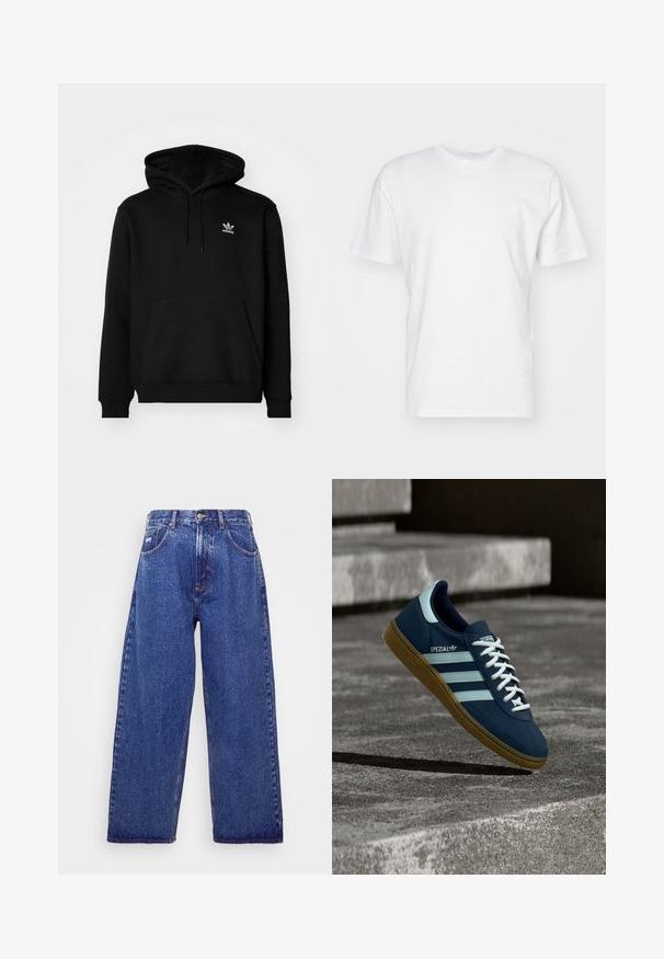 Zwarte hoodie van een katoenmix, voorzien van een voorzak, ribgebreide manchetten en een klein wit logo op de bovenste linkerborst.; Witte katoenen T-shirt met korte mouwen, ronde halslijn en een gladde textuur. Eenvoudig ontwerp zonder patronen of afbeeldingen.; Wijd gesneden, blauwe denim jeans met een hoge taille, voorzien van vijf zakken, een knoopsluiting en subtiele vervaging voor textuur.; Blauwe Adidas Spezial sneaker met witte strepen en veters, gumzool, zwevend boven een ruwe betonnen oppervlakte en trappen op de achtergrond.