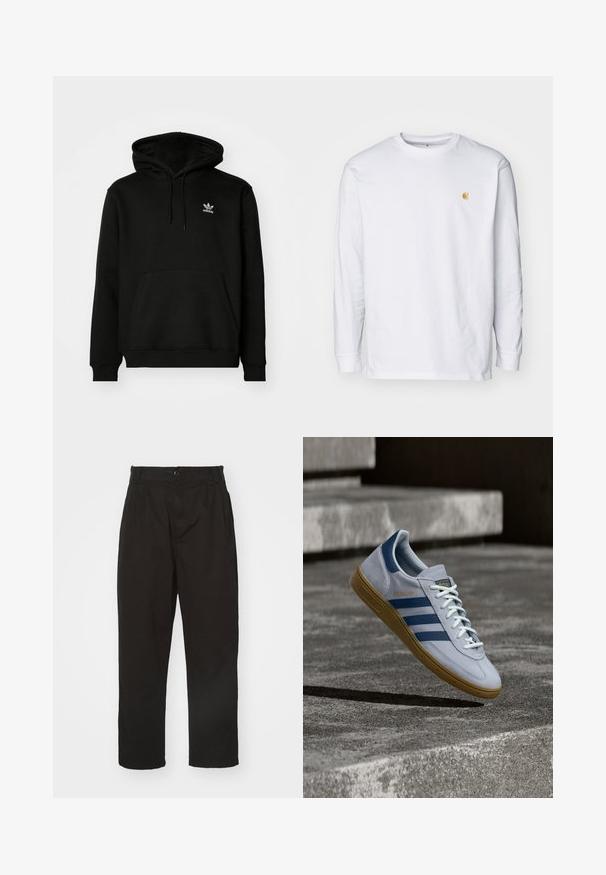 Schwarzer Kapuzenpullover aus Baumwollmix, mit einer Fronttasche, gerippten Bündchen und einem kleinen weißen Logo auf der oberen linken Brust.; Weißes Langarm-T-Shirt aus Baumwolle. Mit kleinem goldenem Logo auf der Brust und Rundhalsausschnitt. Einfaches Design und normale Passform.; Schwarze Hose aus glattem Stoff, mit Knopfverschluss, geradem Schnitt und zwei vorderen Falten für zusätzlichen Detail.; Hellblauer Adidas Spezial Sneaker mit dunkelblauen Streifen und Gummisohle, in der Luft über Betontreppen in neutralem Außenbereich gezeigt.