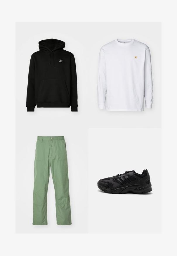 Zwarte hoodie van een katoenmix, voorzien van een voorzak, ribgebreide manchetten en een klein wit logo op de bovenste linkerborst.; Witte lange mouwen t-shirt van katoen. Voorzien van een klein gouden logo op de borst en een ronde hals. Eenvoudig ontwerp en standaard pasvorm.; Lichtgroene, comfortabele broek met een soepele textuur, voorzien van zijzakken en zichtbare stiksels. Volledige lengte met een rechte pasvorm.; Zwarte sportieve schoenen met een combinatie van ademend mesh en synthetische materialen. Kenmerkende gestructureerde zool en drie zwarte strepen aan de zijkant.