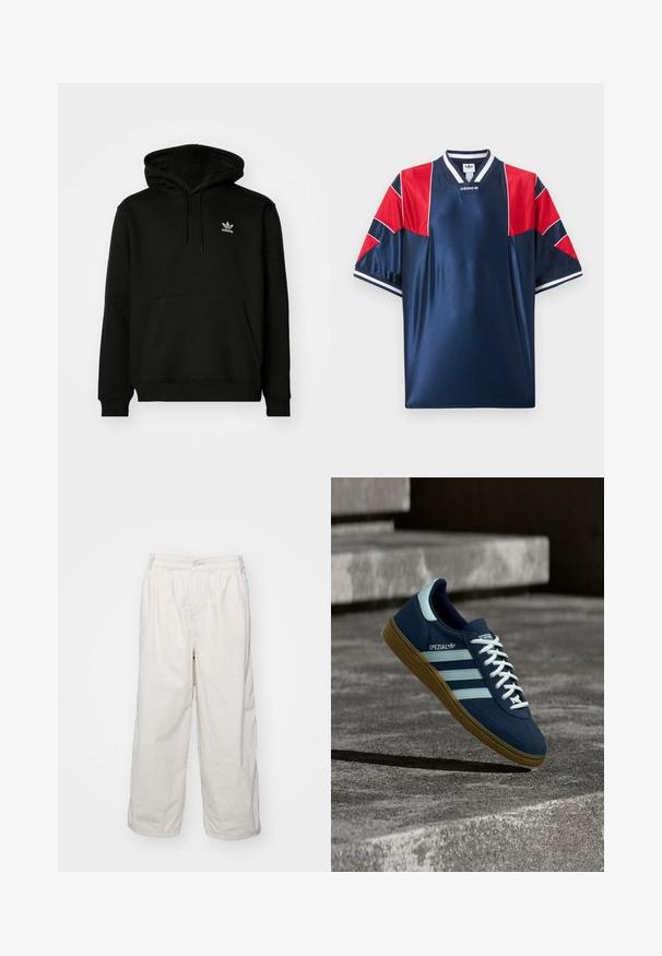 Sort hættejakke lavet af bomuldsblanding, har en frontlomme, ribbede manchetter og et lille hvidt logo på venstre bryst.; Mørkeblå Adidas sportstrøje med røde mesh-paneler på skuldre og ærmer, hvidstribet krave og ærmekanter, logo på brystet.; Hvide bomulds bukser med brede ben og elastisk talje, med en frontknaplukning og sidelommer. Glat tekstur og minimalistisk design.; Blå Adidas Spezial sneaker med hvide striber og snørebånd, gummisål, svævende over en ru betongoverflade og trin i baggrunden.