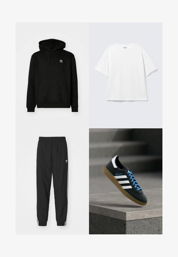Must värvi kapuutsiga sviiter, mis on valmistatud puuvilla segust, millel on eesmine kott, soonikkoes mansetid ja väike valge logo vasakul rinnal.; Valge liibuv oversized lühikeste varrukatega t-särk ümar kaelusega, langevate õlgadega, tasapinnal helehalli taustal.; Mustad mustad treeningpüksid elastse vöökoha ja pahkluude krael, millel on valged külje triibud ja väike valge Adidas logo vasakul puusal.; Must Adidas toss valgete triibu, siniste paelte ja kummist tallaga, hõljuv pehme valgusega halli betoonastme kohal.